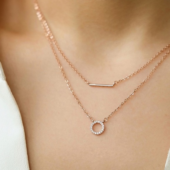 Zirconia Round Bar Dainty Layered Necklace | Rose Gold Plated Sterling Silver - Picture 3 of 4